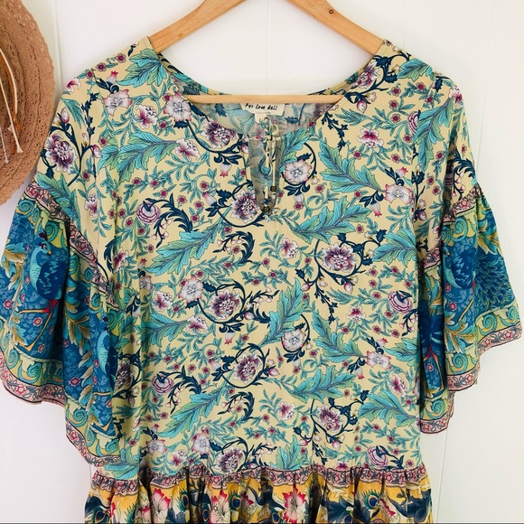 For Love Bell Colorful Peacock Floral Short Sleeve Blouse Women’s Size Large - Picture 4 of 14